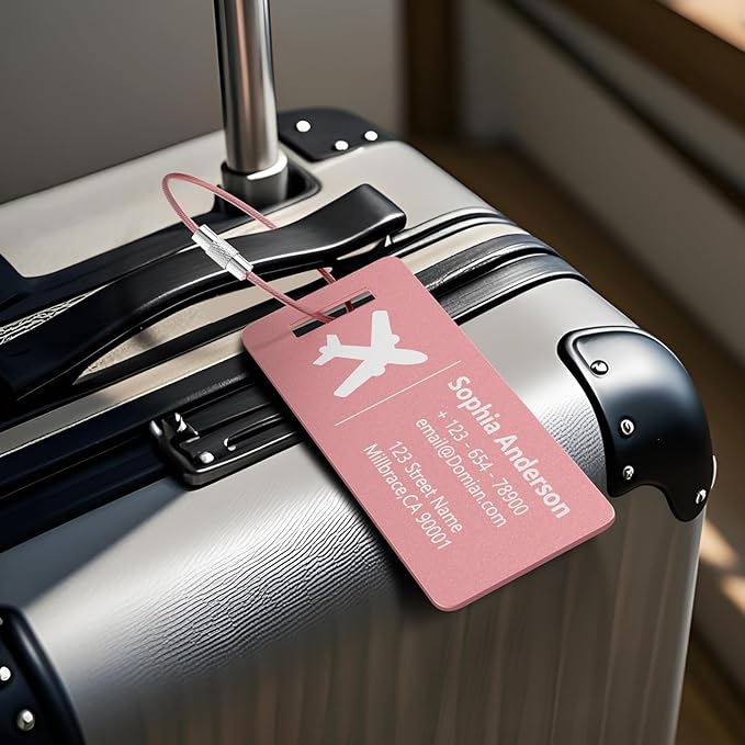 4 Personalized Metal Luggage Tags, Laser Engrave Name and Logo, Custom Aluminum Suitcase Tags with Steel Ring, for Travel, Backpack, Baggage (Pink)