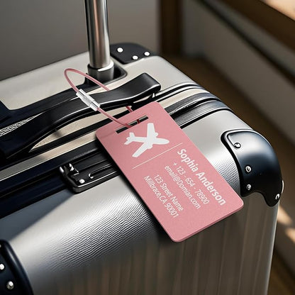4 Personalized Metal Luggage Tags, Laser Engrave Name and Logo, Custom Aluminum Suitcase Tags with Steel Ring, for Travel, Backpack, Baggage (Pink)