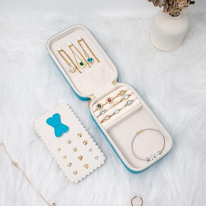 Small Travel Jewelry Organizers Box for women with PU Leather Portable Mini Jewelry Case with compartments for Necklace Rings Earrings,Luxury Giftable boxes. (Blue green, M)