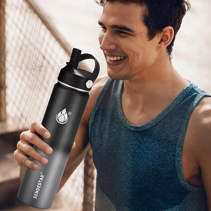 Insulated Water Bottle 40 oz with Straw, Stainless Steel Wide Mouth Water Bottle, Double Wall Vacuum Leak Proof with Straw Lid & Spout Lid for Sports or Office, Keep Cold or Hot Up to 24 Hrs