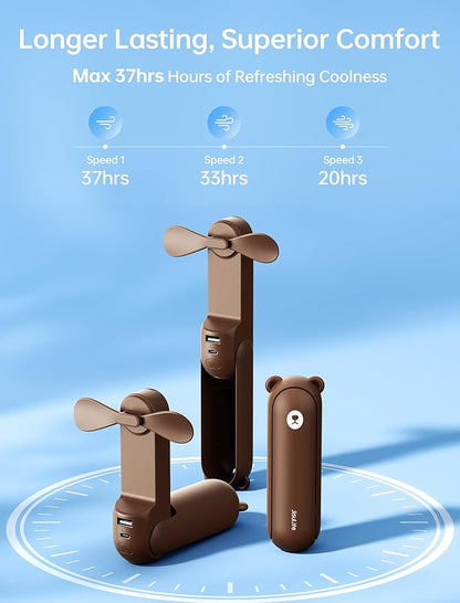 JISULIFE Handheld Fan with 4500 mAh Powerbank Max 37 Hours Runtime, Pocket Portable Battery Operated or USB Powered Folding Personal Fan, 3 Speeds, Gifts for Women Men Kids Gift for Festival-Brown