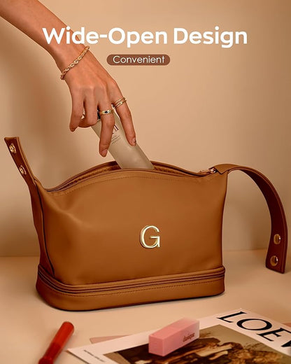 Trendy Gifts for Women, Personalized Makeup Bag with Handle, Initial Double Layer Cosmetic Bag with Makeup Brush Organizer, Cute Cosmetic Pouch for Women, Gifts for 20 Year Old Female