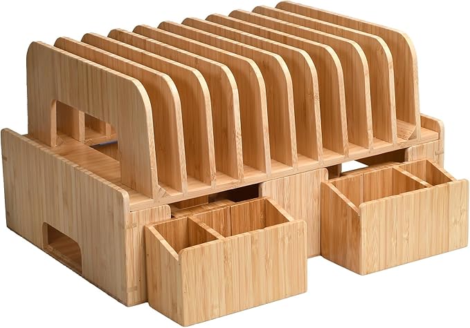 MobileVision Bamboo 12-Port Charging Station & Docking Organizer for Smartphones & Tablets, Family-Sized, for use in Corporate Offices & Classrooms (With 2 Bamboo Caddy Add Ons Included)