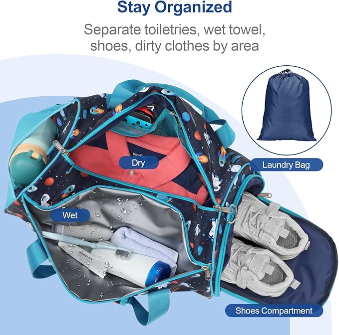 Bagseri Sports Bag for Boys - Waterproof Kids Gym Bag for Travel Sleepover Overnight Duffle Bag with Shoe Compartment and Dry Wet Separation Pockets (Blue Space Astronaut)