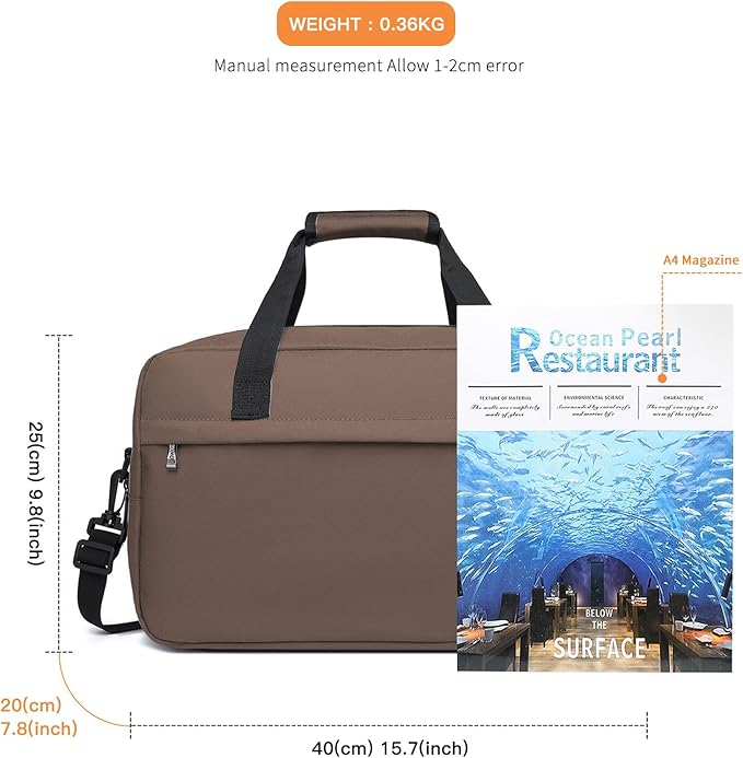 Kono Travel Duffel 20L Under Seat Carry-On Sports Tote Gym Weekender Overnight Bag - Brown, 15.75"x9.84"x7.87"