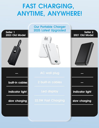 Portable Phone Charger, 12000mAh 22.5W Fast Charging Power Bank with Built-in Cables & Wall Plug, External Battery Bank with LED Display, Travel Essential Battery Pack for iPhone, iPad, Samsung White