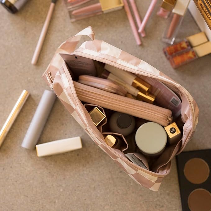 Tiny Twinkle Waterproof Travel Toiletry & Makeup Bag Organizer | Large Capacity Cosmetic Case with Compartments & Handle, A Thoughtful Travel Companion for Women（Beige Checkers