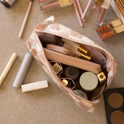 Tiny Twinkle Waterproof Travel Toiletry & Makeup Bag Organizer | Large Capacity Cosmetic Case with Compartments & Handle, A Thoughtful Travel Companion for Women（Beige Checkers