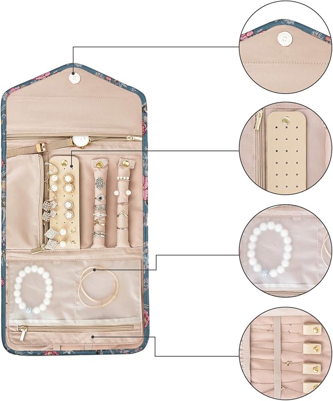 BAGSMART Travel Jewellery Organiser Roll Foldable Jewelry Case for Journey-Rings, Necklaces, Bracelets, Earrings, Flower Bird