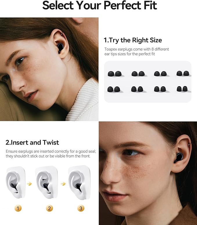 Ear Plugs for Sleeping 45dB Noise Cancelling Ear Plugs for Noise Reduction & Snoring, Concerts, Earplugs for Sleep, Sider Sleepers Airplane, Silicone Earplugs Reusable Concert Ear Plug +8Tip Black