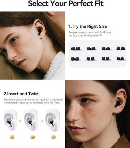 Ear Plugs for Sleeping 45dB Noise Cancelling Ear Plugs for Noise Reduction & Snoring, Concerts, Earplugs for Sleep, Sider Sleepers Airplane, Silicone Earplugs Reusable Concert Ear Plug +8Tip Black