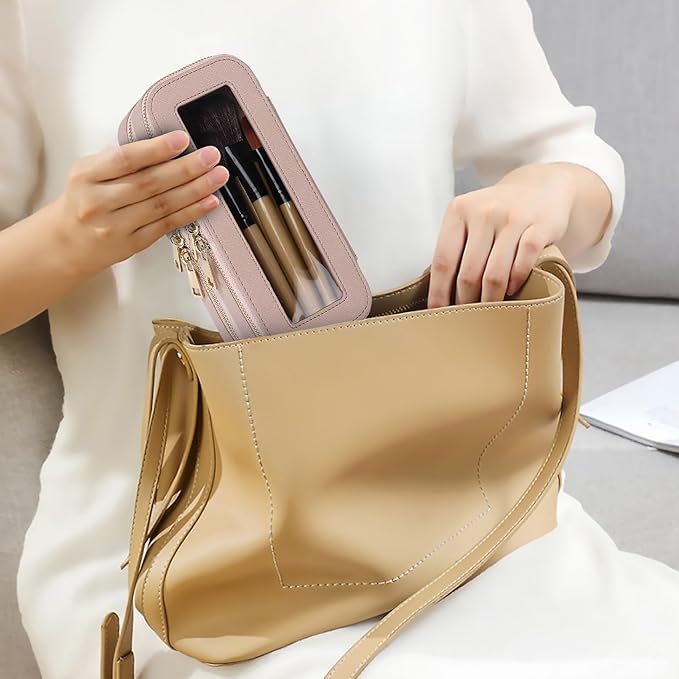 Pinkmik Double Layer Makeup Bag Makeup Brush Case Waterproof Travel Cosmetic & Toiletry Bag Purse Organizer and Car Essentials for Women (Pink, Double SLIM)