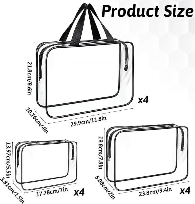 12 PCS Clear Travel Makeup Toiletry Bag, PVC Makeup Bags in 3 Sizes, Portable Travel Luggage Pouch, Waterproof Clear Toiletry Luggage Set with Zipper Handle for Women Girls Men