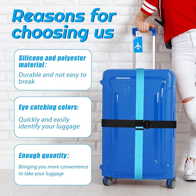 Weewooday 8 Pcs Luggage Straps Suitcase Tags Set for TSA Approved, 4 Travel Adjustable Suitcase Belt, 4 Silicone Luggage Tags with Name ID Card Travel Accessories(Red, Blue, Black, Yellow,Airplane)