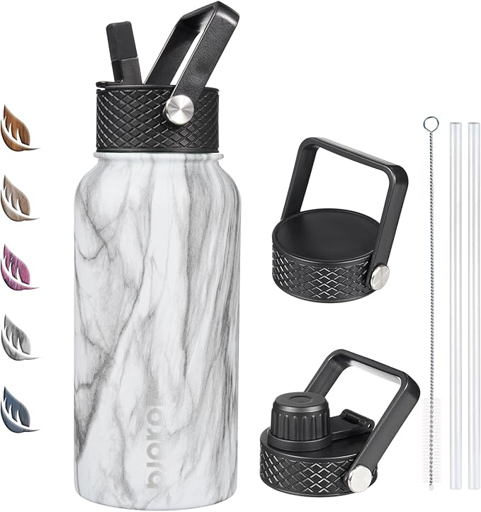 BJPKPK Insulated Water Bottles with Straw Lid, 27oz Stainless Steel Water Bottle with 3 Lids, Leak Proof BPA Free Metal Thermo, Mugs, Tumblers, Keep Cold Hot - White Birch