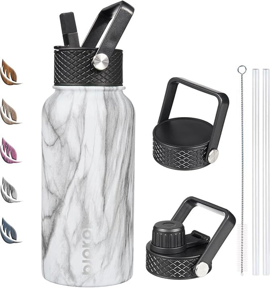 BJPKPK Insulated Water Bottles with Straw Lid, 27oz Stainless Steel Water Bottle with 3 Lids, Leak Proof BPA Free Metal Thermo, Mugs, Tumblers, Keep Cold Hot - White Birch