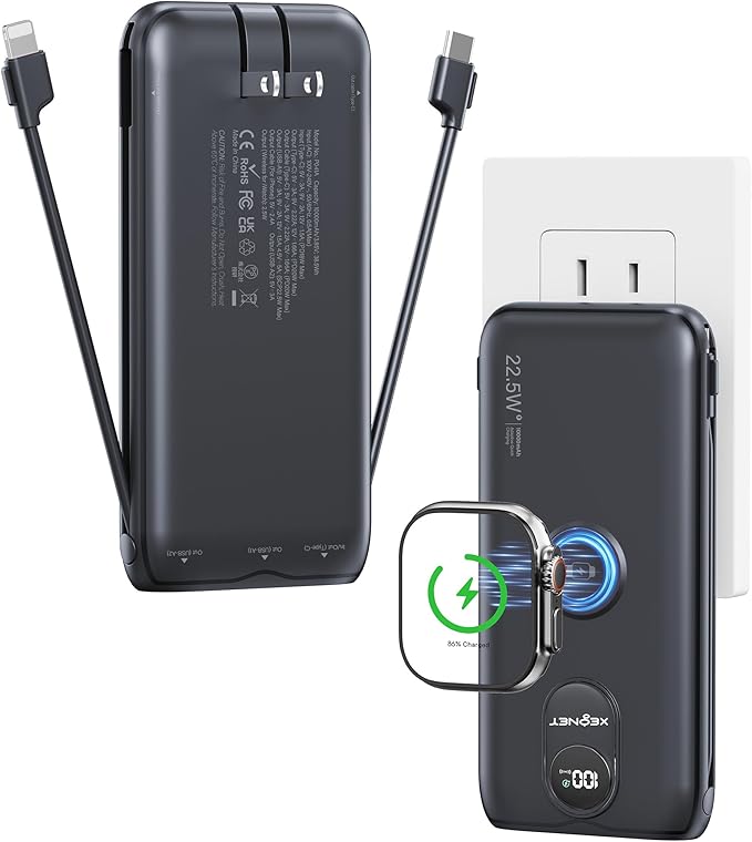 Portable Charger, 10000mAh 22.5W Fast Charging Power Bank with Built in Cable & Wall Plug, Travel Essential Battery Pack with LED Display, External Charger for iPhone, iWatch 11/10/9/8/Ultra/SE Black