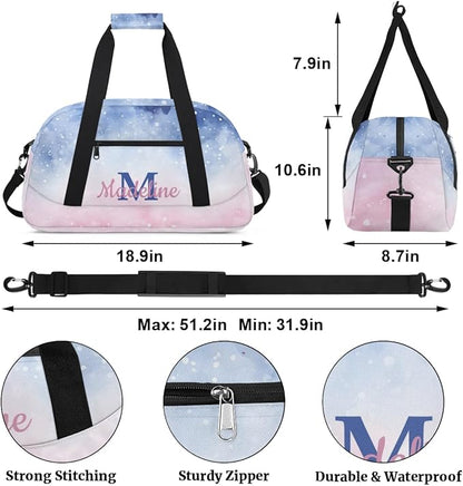 Personalized Kids Sports Duffel Bag with Name Custom Weekender Overnight Bag for Boys Girls Gym Bag Travel Dance Gymnastics Duffel Bag, Watercolor Nebula Pink Galaxy