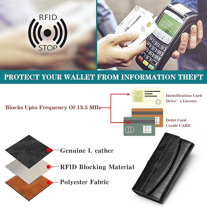 RFID Blocking Genuine Leather Wallet for Men and Women Large Capacity Phone and Credit Card Holder Organizer Purse (Black)