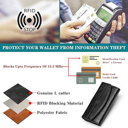 RFID Blocking Genuine Leather Wallet for Men and Women Large Capacity Phone and Credit Card Holder Organizer Purse (Black)