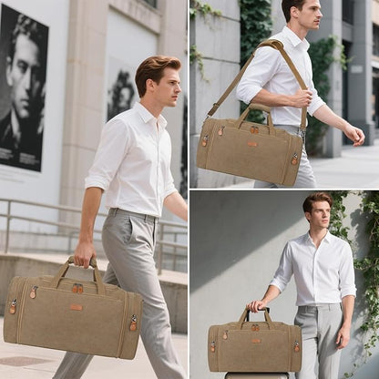 Canvas Mens Duffle Bag for Travel - Expandable 50L Weekender Bags with Toiletry Bag, Overnight Bag Travel Duffel Carry On Luggage with Removable Shoulder Strap, Durable & Water-Resistant