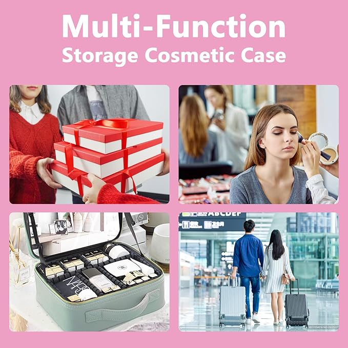 Travel Makeup Bag for Makeup Artists Large Makeup Case,with Mirror 3 Color Setting and Detachable 10x Magnifying Mirror Travel Makeup Bag,Portable Storage and Adjustable Dividers（Dark Pink）