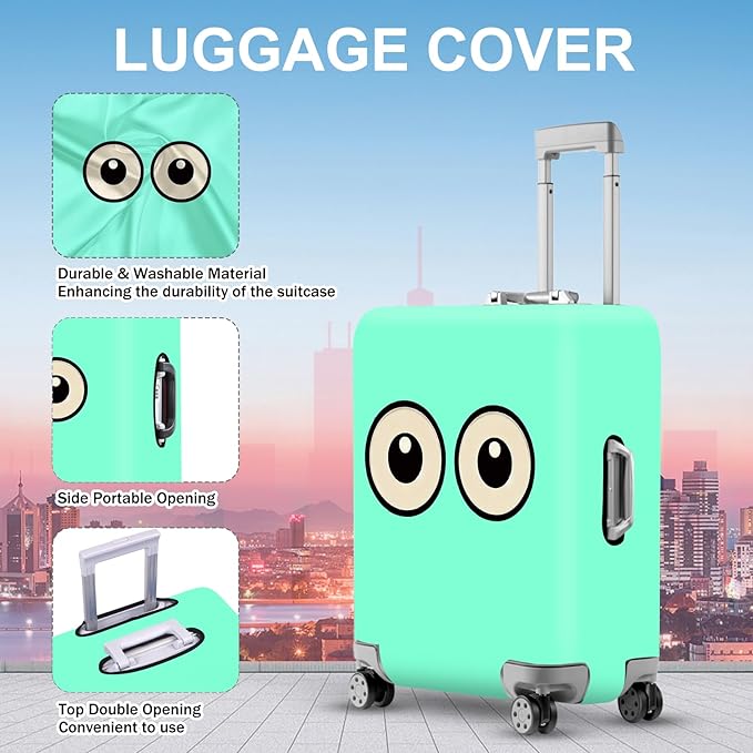 ANNA QUEEN Funny Cartoon Eyes Luggage Cover, Mint Suitcase Protector with Cute Big Eyes Design, Travel Suitcase Cover for 32-34 Inch Luggage, Stretchable & Washable Spandex Travel Accessories