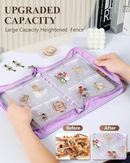AOLEIXIYA Jewelry Organizer Book Clear Travel earring book organizer Transparent Jewelry Book with Zipper Pouch Bags (Purple,With 80 PCS Small Jewelry Bags)