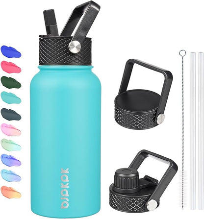BJPKPK Insulated Water Bottles with Straw Lid, 27oz Stainless Steel Water Bottle with 3 Lids, Leak Proof BPA Free Metal Thermo, Mugs, Tumblers, Keep Cold Hot - Turquoise