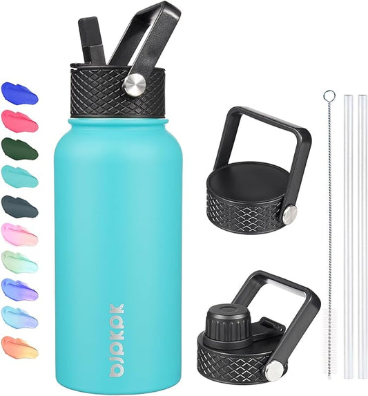 BJPKPK Insulated Water Bottles with Straw Lid, 27oz Stainless Steel Water Bottle with 3 Lids, Leak Proof BPA Free Metal Thermo, Mugs, Tumblers, Keep Cold Hot - Turquoise