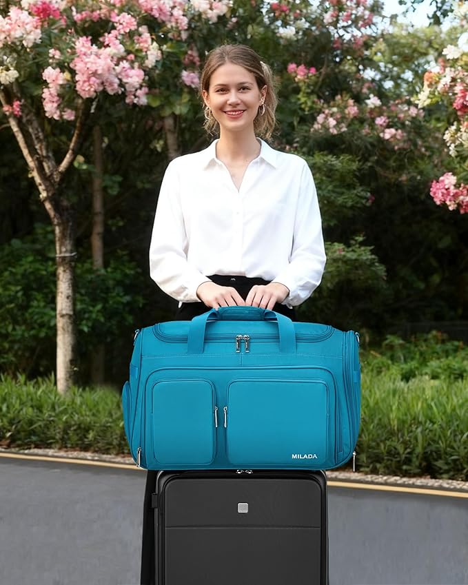 MILADA Carry On Luggage Bags for Travel Large Foldable Duffle Bag for Travel Lightweight Personal Bags for Airplanes Weekend Overnight Bags for Women Mens Travel Bag, Caribbean Blue