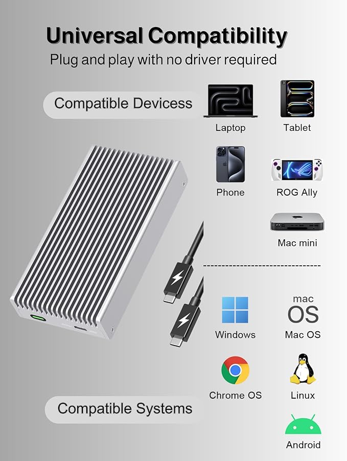 Noiseless 40Gbps M.2 NVMe Enclosure, USB C Aluminum External SSD Enclosure Compatible Thunderbolt4/3 8TB SSD Adapter, PCIe Gen4 M.2 SSD Reader Fits 2280/2260/2242/2230mm M B+M Key (Silver)