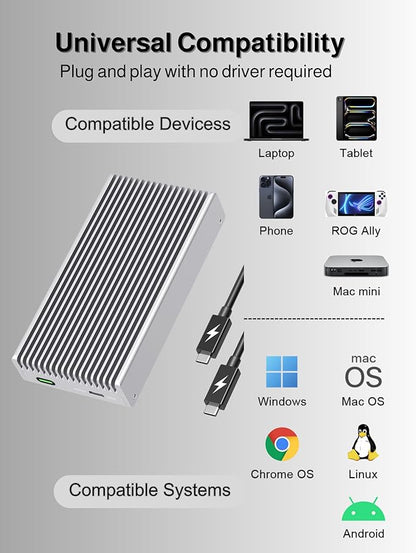 Noiseless 40Gbps M.2 NVMe Enclosure, USB C Aluminum External SSD Enclosure Compatible Thunderbolt4/3 8TB SSD Adapter, PCIe Gen4 M.2 SSD Reader Fits 2280/2260/2242/2230mm M B+M Key (Silver)