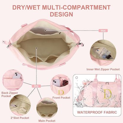 Personalized Initial Gym Dance Bag, Travel Duffel Bag for Teen Girls, Carry On Bag Overnight Weekender Bag with Trolley Sleeve, Birthday Gifts for Women Mom Daughter Graduation Gift(Letter D, Pink)