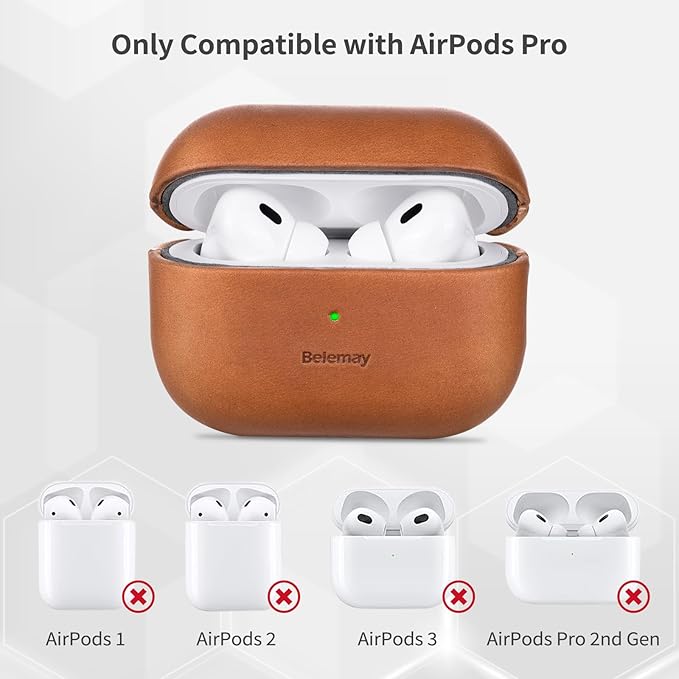 Belemay for AirPods Pro (1st Generation) Case, Compatible with MagSafe, Premium Crazy Horse Leather [Vintage Aesthetic] - Unique Patina - Comfort Grip - Compatible with AirPods Pro Case (2019), Tan