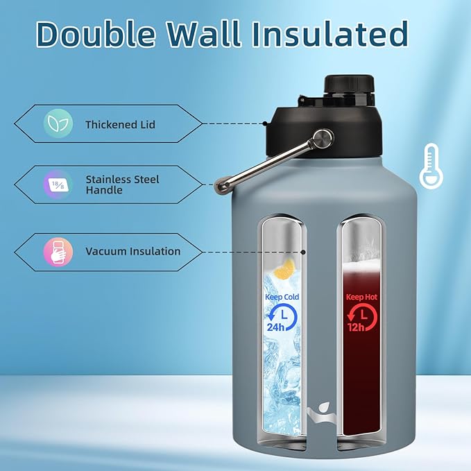 1 Gallon Jug with Handle,128 oz Insulated Water Bottle with Carrying Pouch, Double Wall Vacuum Stainless Steel Metal Bottle,Storm Blue