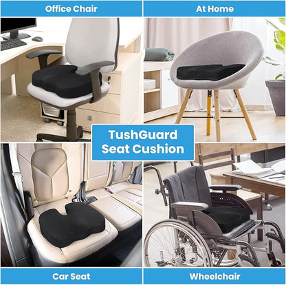 TushGuard Seat Cushion - Cushion for Office Chair, Car Seat, Airplane, Bleacher - Sciatica & Coccyx Pain Relief Desk Chair Cushion for Long Sitting Office Workers, Car Drivers(Black, XX-Large)