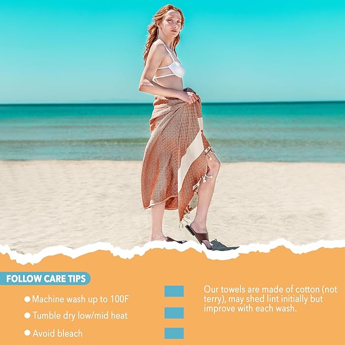 100% Cotton Turkish Peshtemal Towel – Lightweight, Quick-Dry, Highly Absorbent – Beach, Bath, Travel – Diamond Pattern (Turquoise)