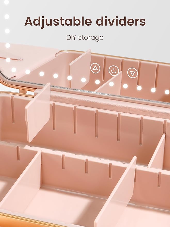 ROWNYEON Portable Travel Makeup Case With Light Up Mirror & Removable Divider - Train Case Organizer for Girls & Makeup Artist, Hairstylist - 10x Mirror (White)