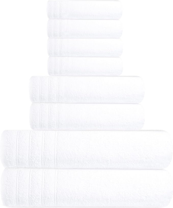 Tens Towels Pack of 8 Towels Set, 2 Extra Large Bath, 2 Hand, 4 Washcloths, 100% Cotton, Lighter Weight, Quicker to Dry, Super Absorbent, Perfect for Bathroom, White