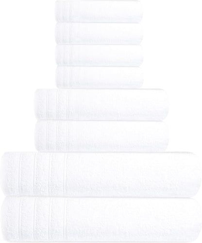 Tens Towels Pack of 8 Towels Set, 2 Extra Large Bath, 2 Hand, 4 Washcloths, 100% Cotton, Lighter Weight, Quicker to Dry, Super Absorbent, Perfect for Bathroom, White