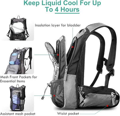 Insulated Hydration Backpack Pack with 3L BPA Free Leak Proof Water Bladder, Large Storage Lightweight Hiking Daypack with Waist Pouches & Cooler Layer, for Running, Biking, Camping, Festival