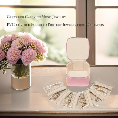 Vlando Travel Jewelry Box Organizer - 6 Small Velvet Zipped Pouches Pockets for Jewelries Necklaces Rings Earrings Sorting Storage, Strawberry Pink