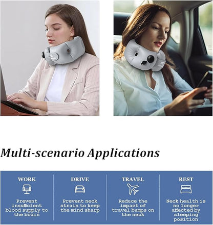 Inflatable Neck Pillow, Portable Travel Neck Pillow for Long Flight, Storable Gray Neck Pillows with Washable Cover, Adjustable Air-Fill Support