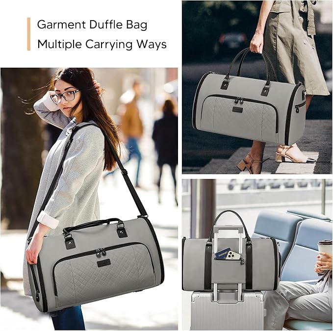 Garment Bag for Airplane Travel, Carry On Garment Duffle Bags for Women, 2 in 1 Travel Suit Bag with Shoes Compartment Carry on Bag Hanging Garment Bag Travel with Shoulder Strap,Grey