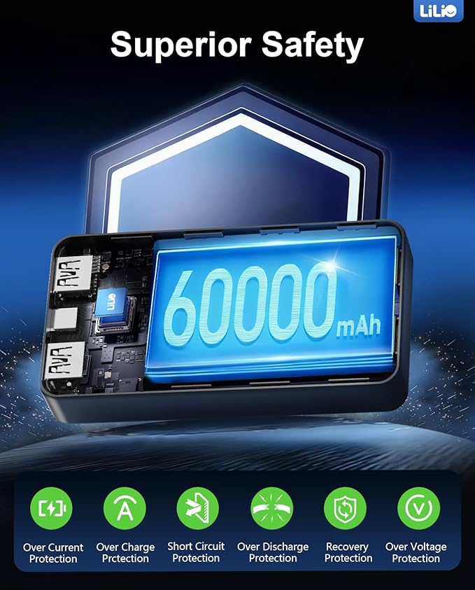 LILIO Portable Charger Power Bank，60,000mAh Battery Pack, 22.5W Power Bank Fast Charging with USB Cable, Phone Charger for iPhone 17/16/15/14/13 All Series/Samsung/Android, Camping Essentials, Black