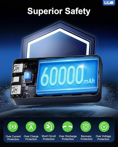 LILIO Portable Charger Power Bank，60,000mAh Battery Pack, 22.5W Power Bank Fast Charging with USB Cable, Phone Charger for iPhone 17/16/15/14/13 All Series/Samsung/Android, Camping Essentials, Black