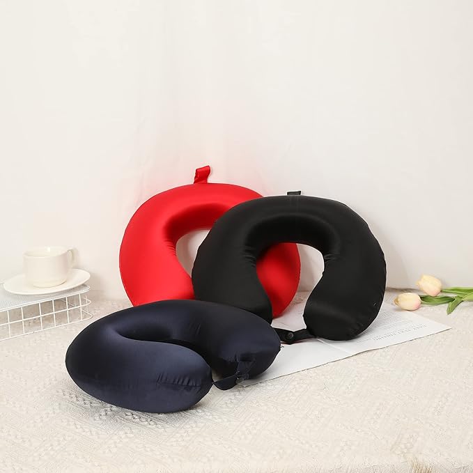 ROSEWARD 100% Mulberry Silk Travel Neck Pillow for Sleeping 22 Momme Silk Airplane Travel Pillow for Pain Relief Sleeping, Plane Neck Support Pillow, Anti Wrinkle, Made in USA (Black)