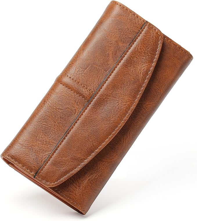 RFID Blocking Genuine Leather Wallet for Men and Women Large Capacity Phone and Credit Card Holder Organizer Purse (Light Brown)