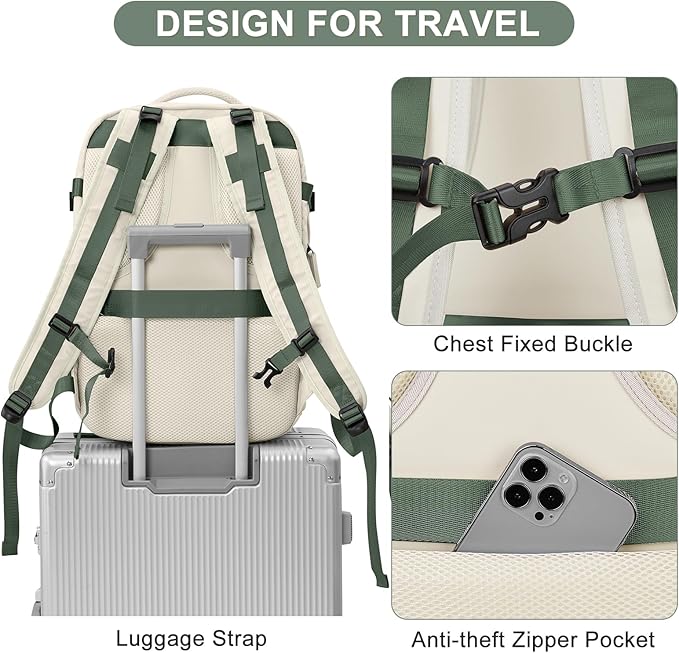 Casual Backpack Traveling Backpack, A-beige With Green, Expandable, Travel Backpacks